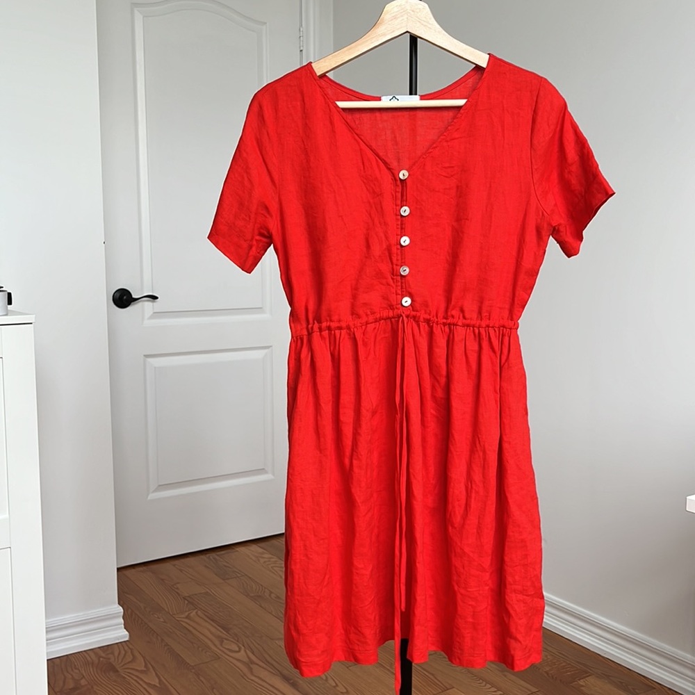 100% linen handmade red button front short sleeve cinch waist mini dress XS